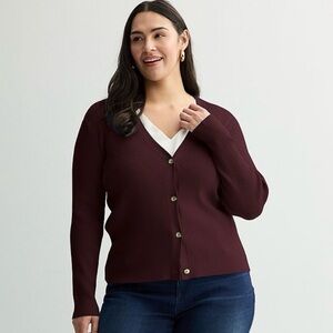 Nine West Fitted Sculpt Ribbed Cardigan V-Neck Sweater Maddie Plum Plus 1X NEW